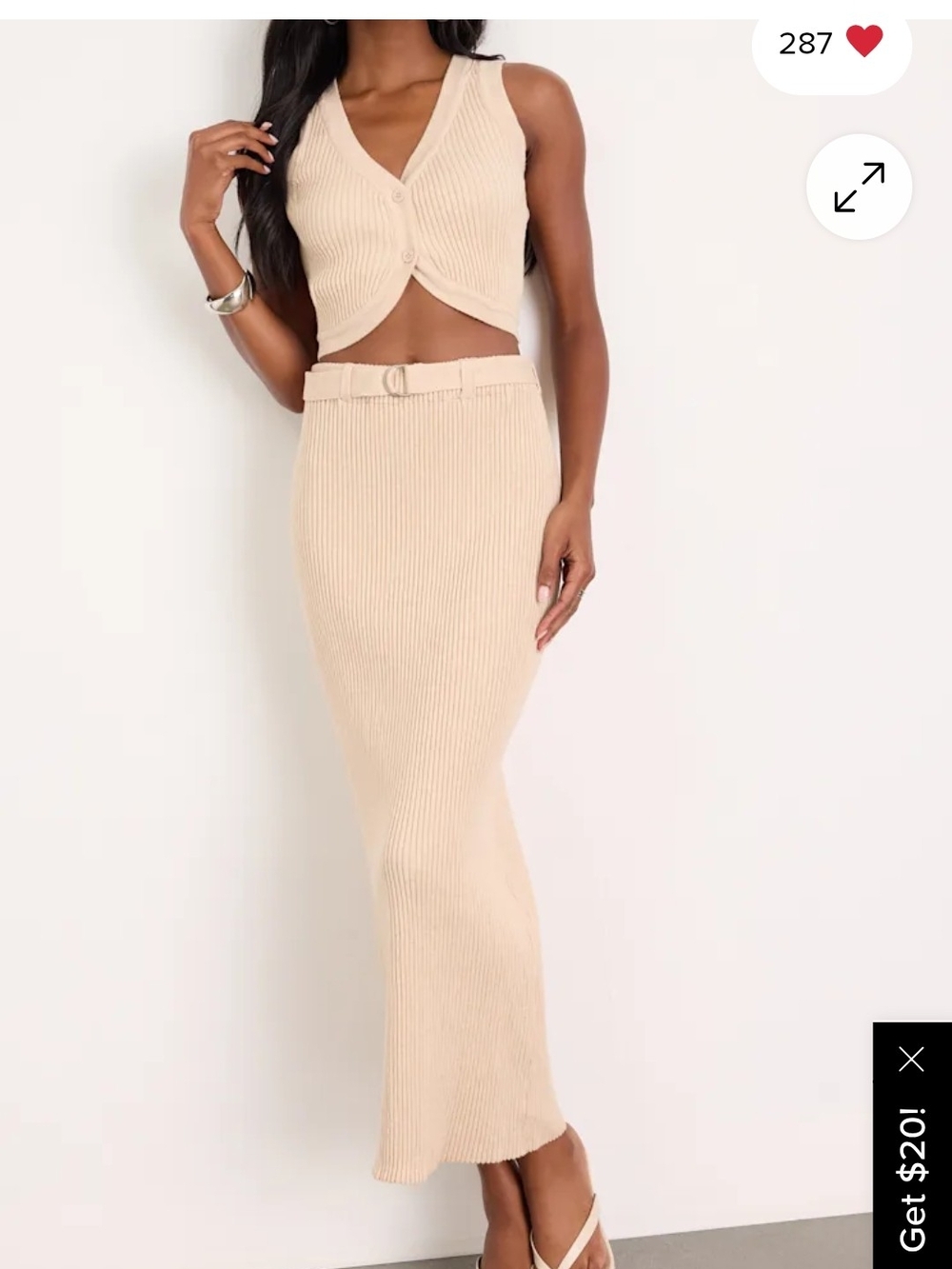 Lulus Cream Ribbed 2-Piece Knit Midi Skirt + Belt & Matching Cropped Top,NWT, XS